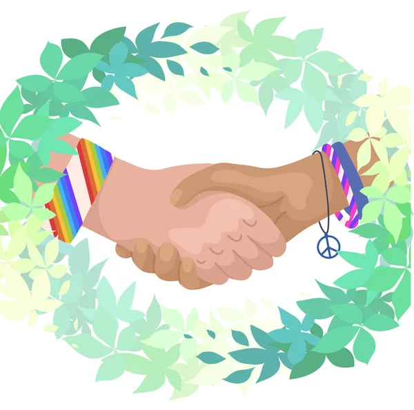 Векторная плоская иллюстрация пожимания рук зелеными ветвями листьев. Международный день дружбы. Единство и признание. Эко-мультфильм Лицензионные Стоковые Иллюстрации