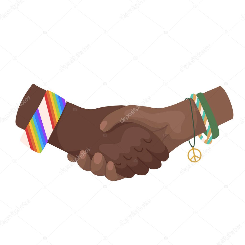 Vector flat illustration of shaking african hands with bracelets. International Friendship Day. Unity and recognition. Modern style cartoon picture