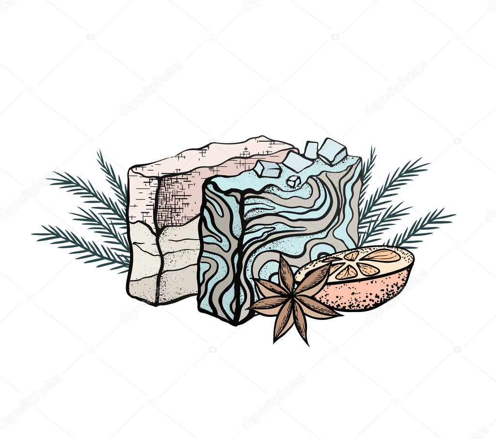 Vector color illustration of handmade soap with orange, juniper twigs and star anise. Object separated from the background. Gently template