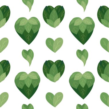 Beyaz bir arka planda yapraklardan çıkan çalı kalpleri olan pürüzsüz düz bir desen. Doğanın sevgisi. Duvar kağıtları, kumaşlar ve yaratıcılığınız için doğal dokuyu taşıyın.