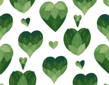 Kusursuz düz desenli, beyaz arka planda yapraklardan karalama kalpler. Doğal aşk. Doğayı kurtar. Duvar kağıtları, kumaşlar ve yaratıcılığınız için vektör eko dokusu.