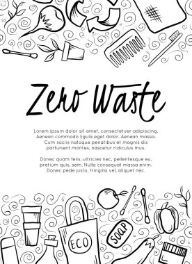 Dikey kart, elle çizilmiş Sıfır Atık nesneler, kıvrım deseni, harf ve metin yeri. Eko torba, bitki, cam şişe. Pankart, davet, kart ve tasarımınız için vektör şablonu.