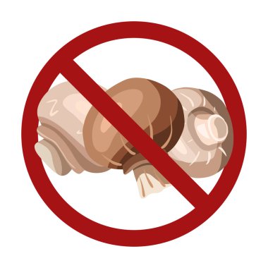 Yasaklama işaretinde arka plandan izole edilmiş şampiyon mantarlarının düz elle çizimi. Yemek için yasak. Mantar toplama. Menü, tarif, etiket ve tasarımınız için vektör rengi rustik ögesi