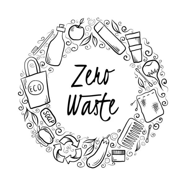 Marco Redondo Con Objetos Letras Zero Waste Dibujados Mano Objeto — Archivo Imágenes Vectoriales