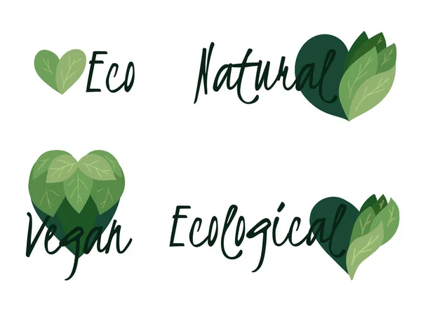 Σετ Περιβαλλοντικών Σημάτων Επίπεδες Καρδιές Φτιαγμένες Από Φύλλα Vegan Φύση — Διανυσματικό Αρχείο