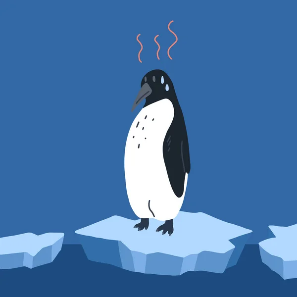 Réchauffement Climatique Illustration Pingouin Aux Frites Tristes Sur Fonte Glace — Image vectorielle