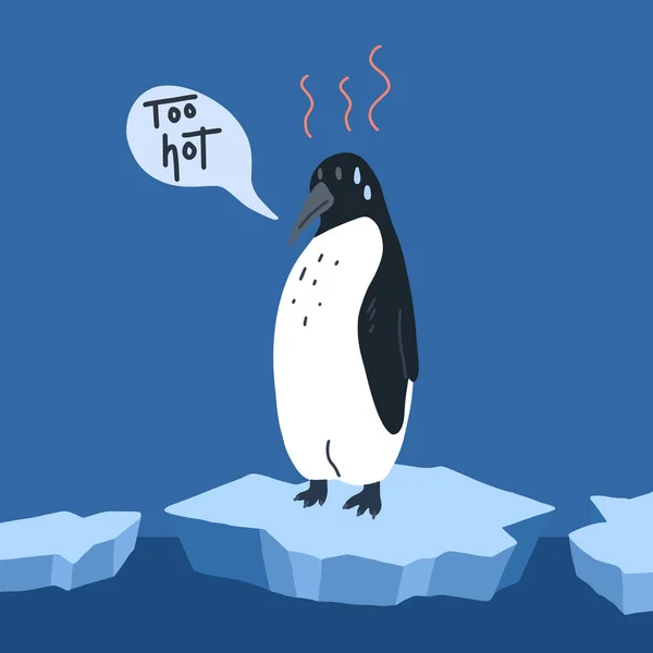 全球变暖 卡通涂鸦说明了一个悲伤的企鹅在融化的冰与言语泡沫 太热了呼吁采取行动的世界问题 稀有动物灭绝的威胁 — 图库矢量图片
