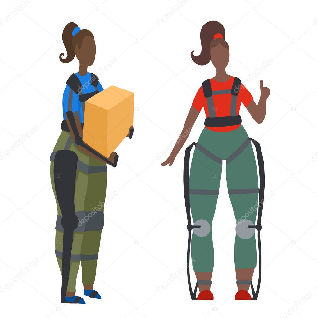 Set of african women in exosuit. Help in lifting weights. Medical exoskeleton to help people with disabilities. Innovation in healthcare. Vector image for articles, banners and your design.
