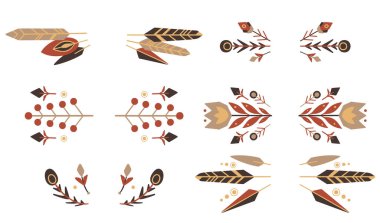 Bir dizi düz kabile doğası ayırıcısı. Çerçeveler için yatay elementler. Geometrik çiçekler ve dallar. Tebrik kartları, davetiyeler ve yaratıcılığınız için vektör ana ögesi.