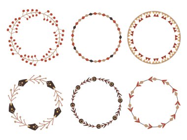 Dallardan, çiçeklerden ve böğürtlenlerden oluşan yuvarlak kabile çerçeveleri. Davetiye için çiçek vektör şablonu, tebrik kartları ve yaratıcılığın. Doğal bitkisel sınır