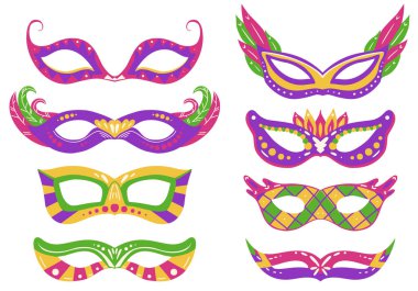 Mardi Gras karnaval maskeleri ve çeşitli dekorasyonlar. Düz elle çizilmiş tatil eşyası. Yüze şenlik kıyafeti. Vektör nesnesi arkaplandan ayrı.