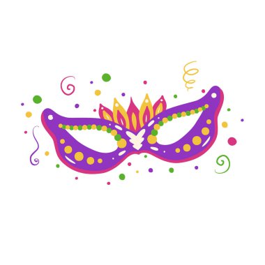 Konfeti ve kurdelelerle maskeli bir maskenin düz çizimi. Mardi Gras kutlaması. Şişman Salı. Karnaval için dekorasyon. Yaratıcılığınız için vektör görüntüsü.