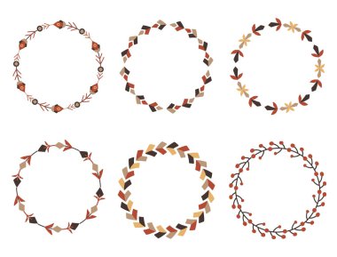 Dallardan, çiçeklerden ve böğürtlenlerden oluşan yuvarlak kabile çerçeveleri. Davetiye için çiçek vektör şablonu, tebrik kartları ve yaratıcılığın. Doğal bitkisel sınır