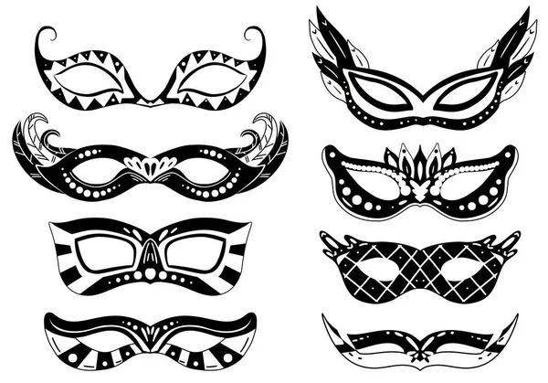 Ensemble Masques Carnaval Silhouette Noire Avec Diverses Décorations Imprimer Objet — Image vectorielle