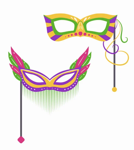 Set Van Mardi Gras Carnaval Maskers Met Verschillende Decoraties Stok — Stockvector