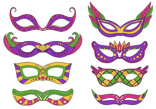 Σύνολο Πολύχρωμες Μάσκες Καρναβάλι Διάφορες Διακοσμήσεις Επίπεδη Γραμμή Αντικείμενο Διακοπών — Διανυσματικό Αρχείο