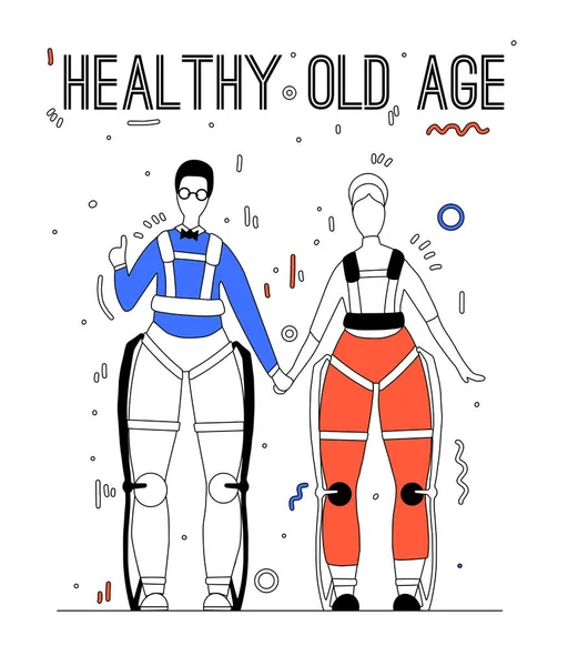 Pár Šťastných Zdravých Starých Lidí Exooblecích Nápisem Inovace Medicíně Starší Royalty Free Stock Ilustrace