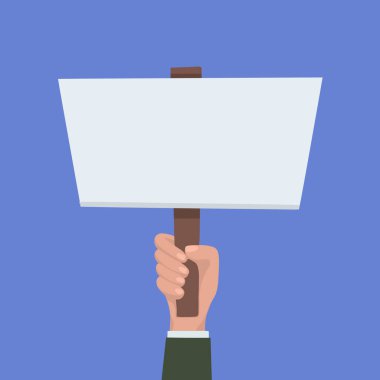 İşadamı elinin dikey pankartıyla düz çizimi ve mavi arkaplandaki yazı için yer. Toplantı ve grev. Makaleler, reklamlar ve tasarımınız için vektör şablonu.