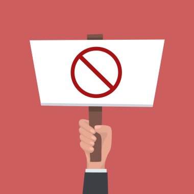 Yasak afiş ve metin için yeri olan bir iş adamı elinin düz çizimi. Toplantı, grev ve protesto. Makaleler, reklamlar ve tasarımınız için vektör şablonu.