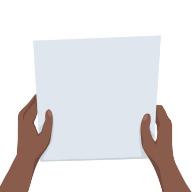 Beyaz bir arkaplanda yazı için yeri olan bir kağıt parçası tutan Afrikalı ellerin düz çizimi. Model uyarısı. Mektubu oku. Makaleler, broşürler ve tasarımınız için vektör şablonu.