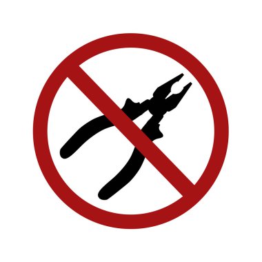 Kırmızı yasaklama işaretinde siyah kerpeten silueti. Gürültü ve tamirat yasağı. Beyaz arkaplanda ikon izole edildi. Logottipler, bilgi, işaretler ve tasarımınız için vektör ögesi.