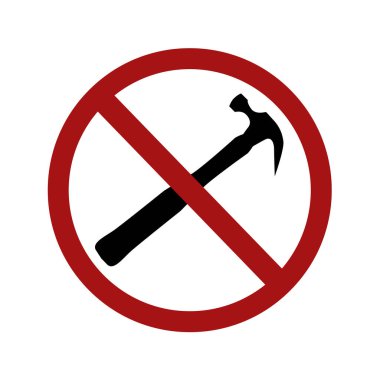 Kırmızı yasaklama işaretinde siyah çekiç silueti. Gürültü ve tamirat yasağı. Beyaz arkaplanda ikon izole edildi. Logottipler, bilgi, işaretler ve tasarımınız için vektör ögesi.