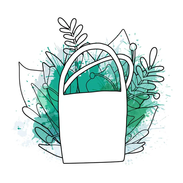 概要緑の葉と緑の水彩スプラッシュで廃棄物ゼロ 葉とエコ素材のバッグの輪郭イラスト グリーティングカード バナー あなたの創造性のためのベクトル要素 — ストックベクタ