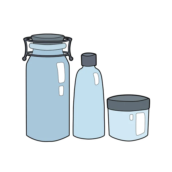 Conjunto Botellas Latas Vidrio Azul Contorno Dibujos Animados Objetos Zero — Vector de stock