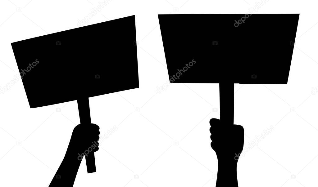 Set of black silhouette illustration of human hand with banner and place for text. Rally and picket. Meeting and the expression of rights. Vector print template for advertising and your design