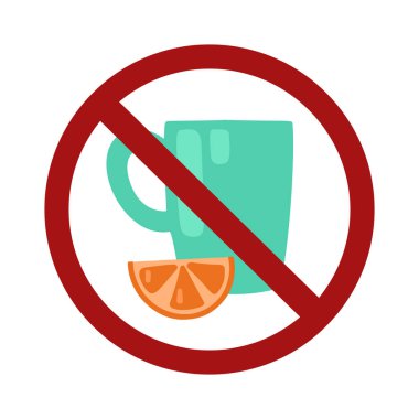 Kendi kendini tedavi etme yasağı. İçki yasağı işareti olarak bir dilim limonla bir fincan çay. Evde tedavi tehlikesi. Bilgi grafikleri, çıkartmalar, simgeler ve tasarımınız için düz bir vektör ögesi.