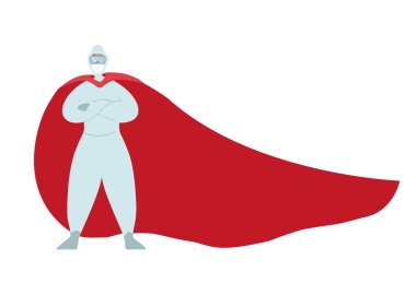 Doktor Bulaşıcı Hastalık Süper Kahramanı. Maskeli, takım elbiseli ve beyaz arka planda kırmızı pelerinli bir bulaşıcı. Modern kahraman. Kartlar, pankartlar ve yaratıcılığınız için vektör çizgi film karakteri.
