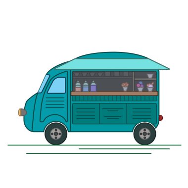 Dondurma kamyonunun ana hatları. Eski model bir araba. Kartlar, pankartlar ve tasarımınız için renkli vektör illüstrasyonunu birleştir.