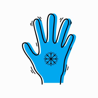 Frostbite of limbs. Contour silhouette of a trembling hand with a snowflake and blue silhouette. Vector object for icons, logos, infographics and your design. clipart