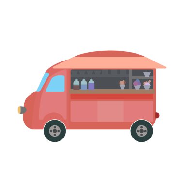 Beyaz arka planda bir dondurma kamyonunun düz çizgi filmi. Klasik pembe retro araba. Kartlar, pankartlar, menüler, pankartlar ve tasarımınız için renkli vektör illüstrasyonu.