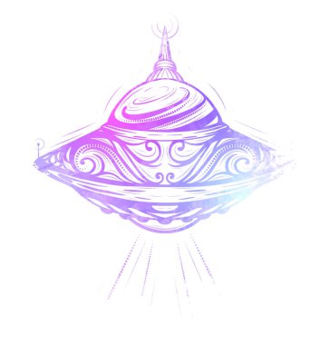 Bilinmeyen uçan cisim. Süslemeli ve beyaz arka planda iz bırakan bir UFO. Uzaylılar ve ilk temas. Çıkartmalar, baskılar, dövmeler ve yaratıcılığınız için neon siluet.