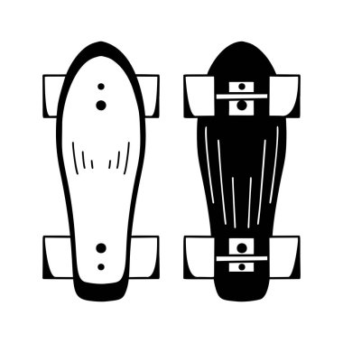 Bir kaykay üstü ve alt manzaralı siyah siluet seti. Aktif yaşam tarzı. Spor hobisi. Logolar, simgeler, çıkartmalar ve yaratıcılığınız için vektör kontur nesnesi.