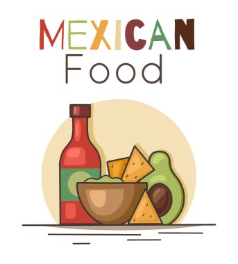 Meksika yemeği. Nachos mısır cipsi, baharatlı sos ve harfli avokado sosu. Ulusal mutfağın kontur çizimi. Menüler, logolar, tarifler ve tasarımınız için kaligrafi içeren vektör resmi.