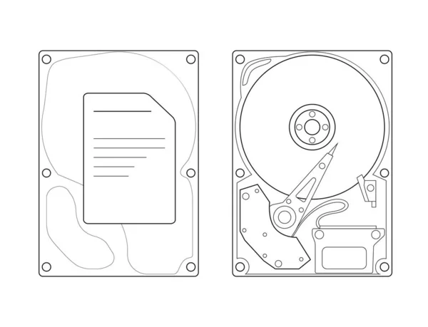 一个带有顶部视图和白色背景封面的硬盘驱动器的轮廓技术说明 电脑的配件 用于绘图 贴纸和设计的矢量对象 — 图库矢量图片
