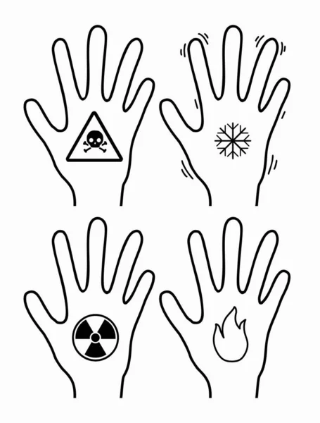 辐射和四肢中毒 用雪花 毒药和辐射图标勾勒出双手轮廓 信息图形和设计的向量对象 — 图库矢量图片
