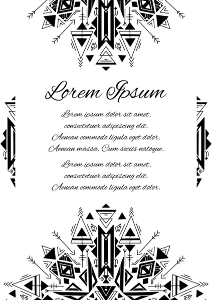 黒の部族のネイティブパターンと白の背景にテキストのための場所と垂直カード 幾何学的な曼荼羅 カード 結婚式の招待状 ヨガスタジオとあなたの創造性のためのベクトルBohoテンプレート — ストックベクタ