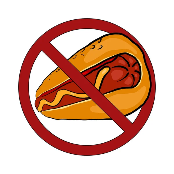 Hotdog Schets Een Verbodsbord Verbod Junkfood Verboden Fastfood Vectorbadge Voor — Stockvector