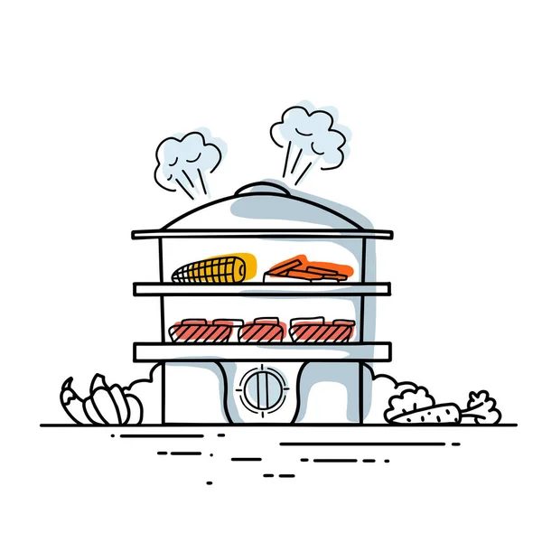 Steamer Com Legumes Peixe Contorno Ilustração Elegante Utensílios Cozinha Alimentos — Vetor de Stock