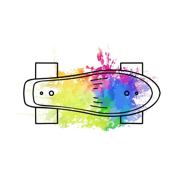 Umrissige Illustration Einer Skateboard Draufsicht Mit Regenbogen Aquarell Grunge Strich — Stockvektor