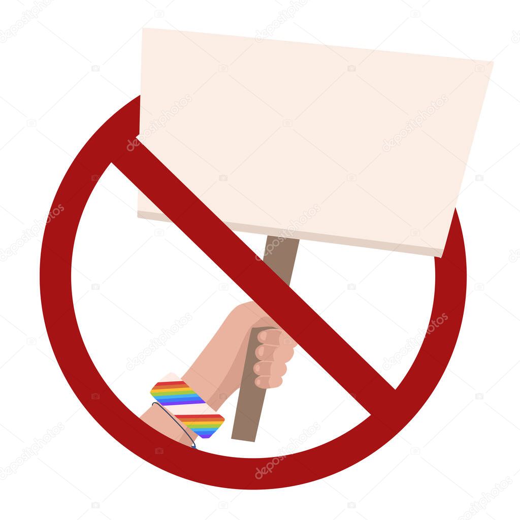 Ban on rallies. Flat illustration of hand with banner in a red prohibition sign. Forbiddance on pickets and meetings of people. Ban on parade. Vector template for logos, icons and your design.