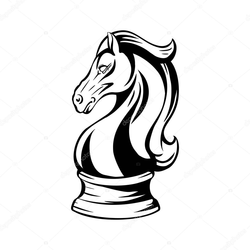 Contour black and white knight chess horse. Proud mustang mascot. Symbol of smart play. Outline object for logos, icons, print, sticker and your design.