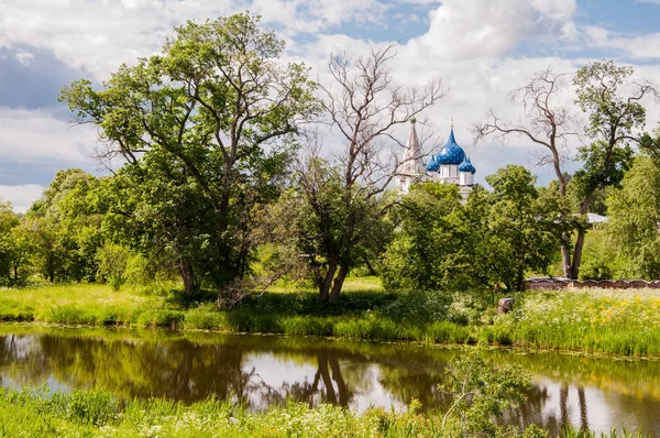 Landscape with the river and trees on the background of the Suzdal Kremlin, Russia