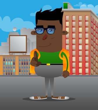 Görüntüleyiciyi eliyle işaret okul çocuğu. Vektör çizgi film karakteri çizim.