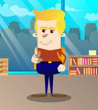 Görüntüleyiciyi eliyle işaret okul çocuğu. Vektör çizgi film karakteri çizim.