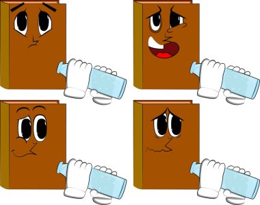 Bir cam şişe sudan drinkig kitapları vardı. Karikatür kitap koleksiyonu ile yüzleri üzgün. İfadeler kümesi vektör.
