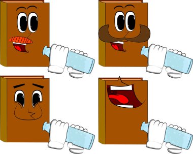 Bir cam şişe sudan drinkig kitapları vardı. Karikatür kitap koleksiyonu ile mutlu yüzler. İfadeler kümesi vektör.